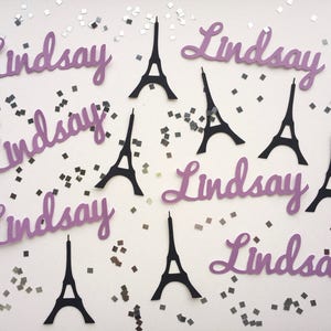 Personalized Paris Confetti in you choice of hot pink or lavender - Eiffel Tower, Silver or Gold Metallic Glitter Squares