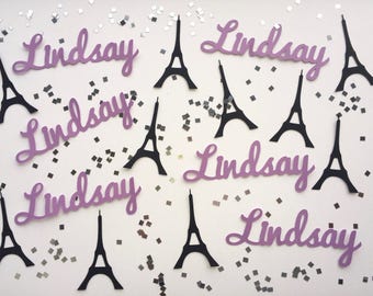 Personalized Paris Confetti in you choice of hot pink or lavender - Eiffel Tower, Silver or Gold Metallic Glitter Squares