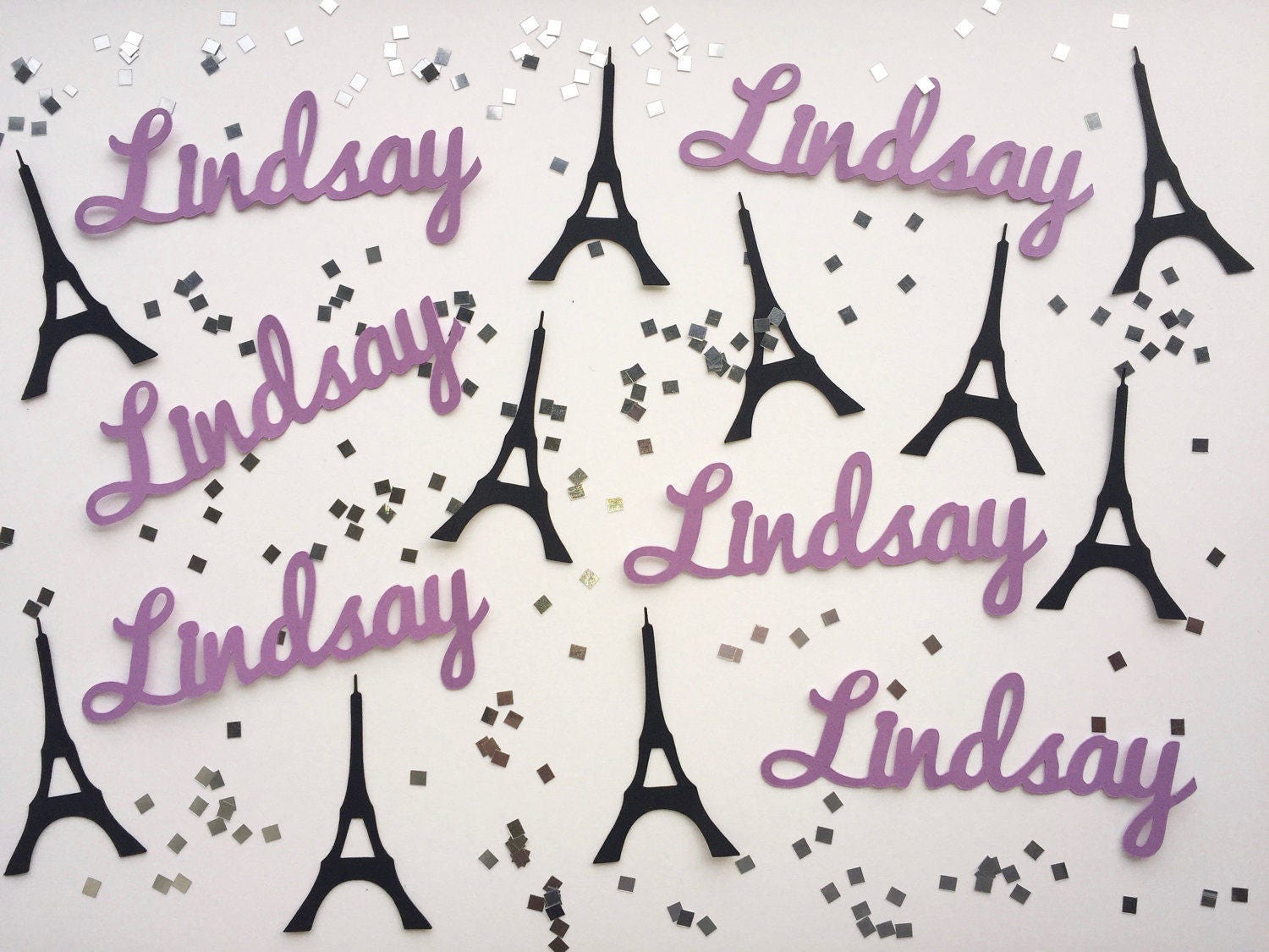 Personalized Paris Confetti in you choice of hot pink or lavender Eiffel Tower Silver or Gold Metallic Glitter Squares