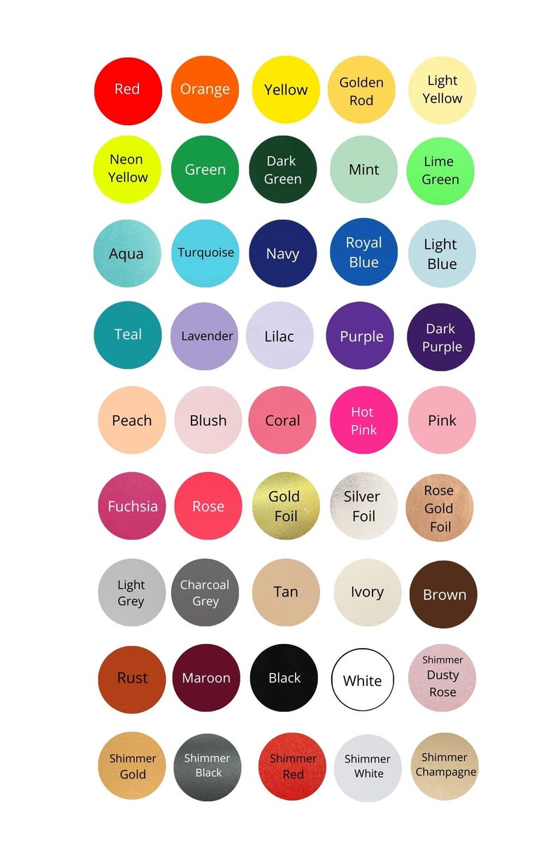 May include: A chart of 36 color swatches with names for each color. The colors include red, orange, yellow, green, blue, purple, pink, brown, grey, black, white, and gold.