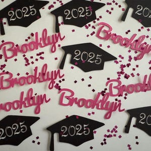 Personalized Graduation Caps and Names Confetti with Glitter Squares - Class of 2025 - Large Confetti