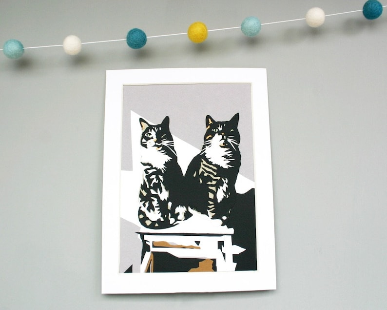 Cat Portrait Papercut Art Custom Paper Illustration of Two Cats