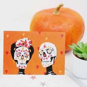 Day of the Dead Anniversary Card Sugar Skull Wedding Card Orange