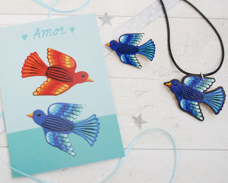 Bluebird Necklace Wooden Blue Bird Mexican Folk Jewellery
