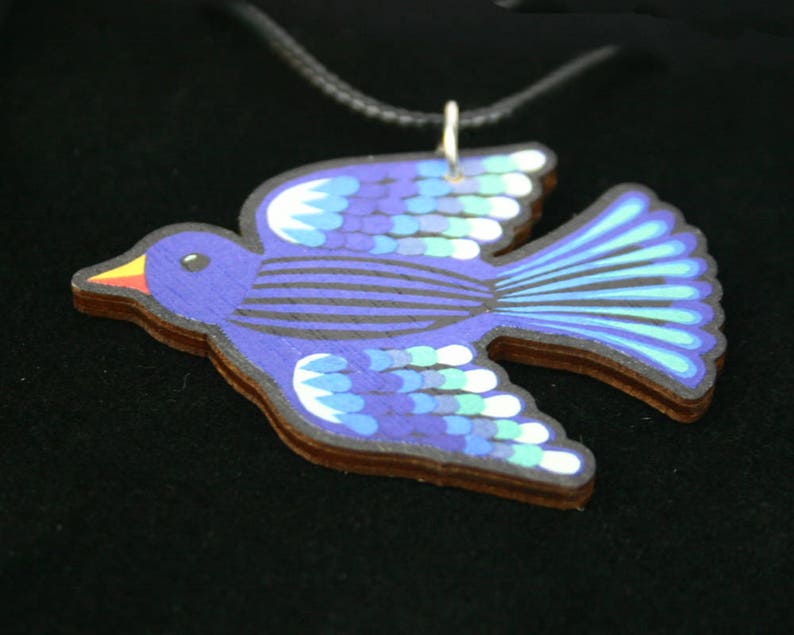 Bluebird Necklace Wooden Blue Bird Mexican Folk Jewellery