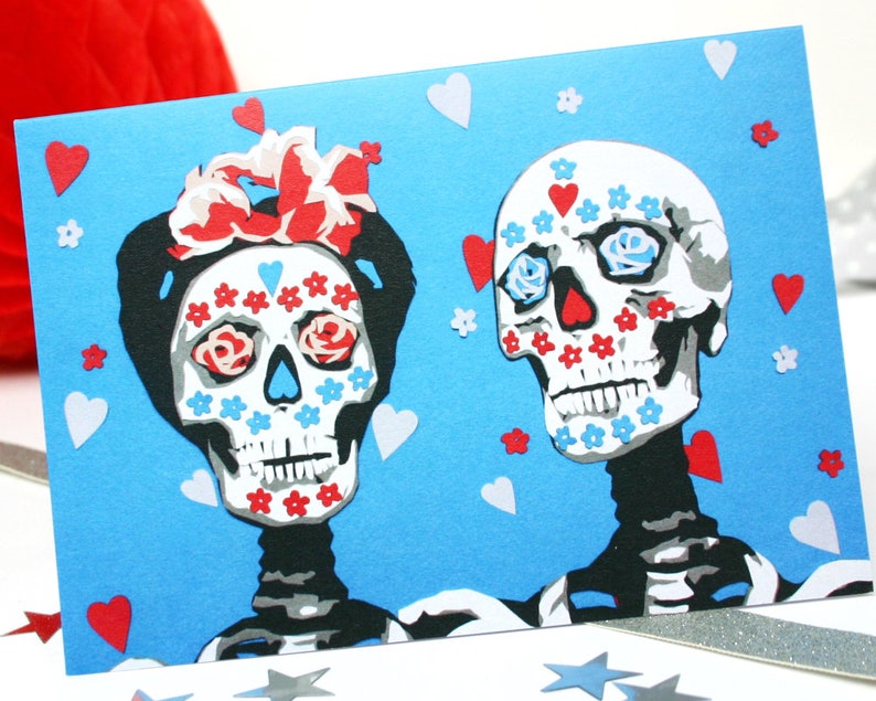 Day of the Dead Anniversary Card Sugar Skull Wedding Card Blue