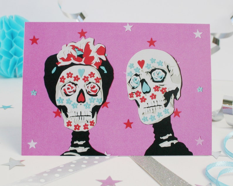 Day of the Dead Anniversary Card Sugar Skull Wedding Card Pink
