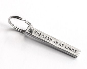 Christian keychain with Psalm 27:1, The Lord is my light, Hand forged iron keyring