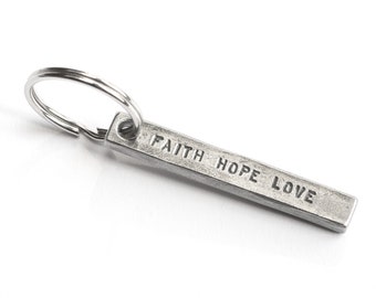 Faith Hope Love keychain, Christian gift, 1 Corinthians 13:13 bible verse, Hand forged iron keyring