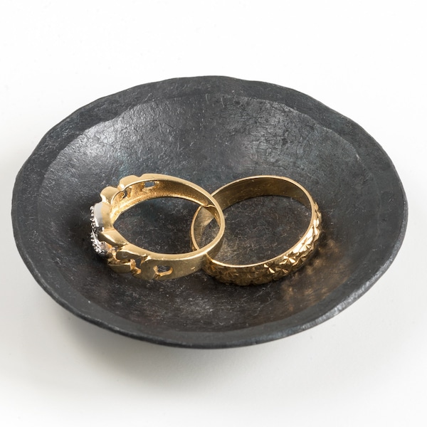 Black ring dish, hand forged iron ring bowl