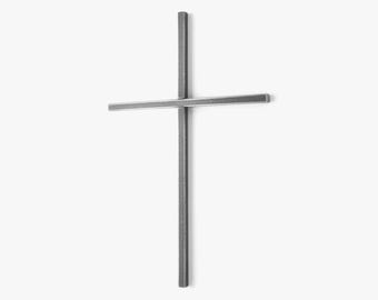 May include: A minimalist metal cross with a matte gray finish. The cross is composed of two intersecting rectangular bars, one vertical and one horizontal. The design is simple and modern, suitable for wall decor.