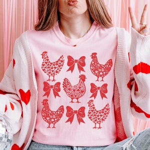 Coquette Chicken Valentine, uniseks T-shirt, Chicken Lover-T-shirt, Valentijnsdagcadeau, western country-shirt, liefdescadeau voor haar, Chicken Lady-T-shirt
