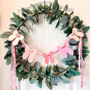 Pastel Pink Scallop Bow Garland, Coquette Party Decoration, Baby Shower Banner, Boutique or Shop Display Decor, Blush Pink Party Garland