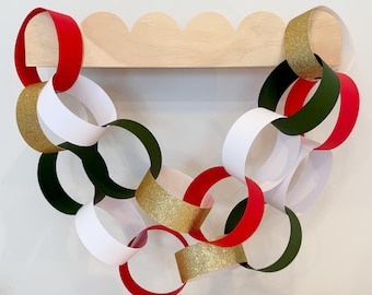 Christmas Paper Chain Garland Kit, Red Green Gold Holiday Decor, DIY Christmas Craft, Chunky Paper Garland