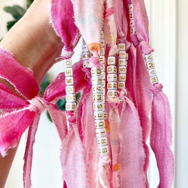 Personalized Ribbon Bracelet, Custom Name Friendship Bracelet, Fabric Bow Bracelet, Gold Letter Bead Bracelet, Best Friend Gift
