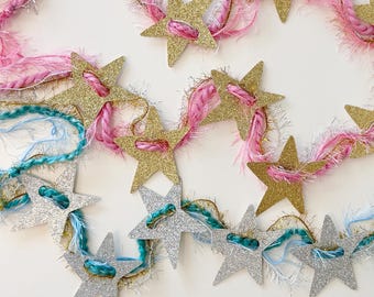 Glitter Star Garland, Gold & Silver Party Banner, New Year's Decorations, Fourth of July Decor, Sparkly Star Garland