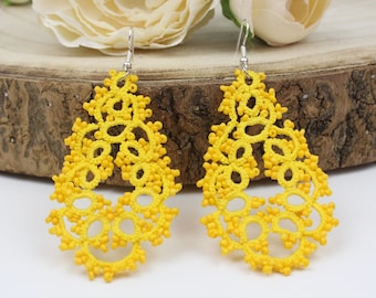 Summer yellow lace earrings with peline for women