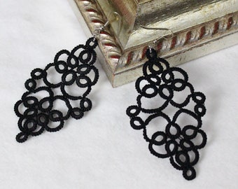 Big black drop tatted earrings, black lace, statement beaded chandelier earrings, tatted lace jewelry, fiber jewelry
