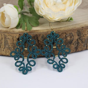 Handmade Tatting Lace Drop Earrings, Lightweight Boho Earrings, Teal Blue Earrings, Christmas Gift