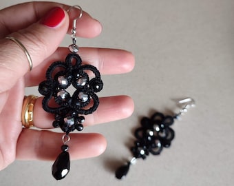 Black Earrings, Elegant Earrings, Handmade Beaded Black Lace Earrings, Victorian Lace Earrings