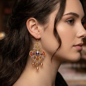 Orecchini Grandi Fatti a Mano in Pizzo Chiacchierino con perle Multicolore - Statement Earrings Boho Chic