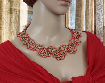 Handmade gold Tatting Lace Choker Necklace, Unique Gift for Jewelry Lovers, gold frivolite choker with red beads for women