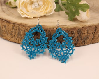 Bright Turquoise Chandelier Earrings, Tatted Lace , Tatting Earrings, Blue Drop Earrings, Bohemian Jewelry, Stylish Jewelry. Gift For Her