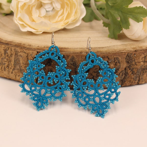 Bright Turquoise Chandelier Earrings, Tatted Lace , Tatting Earrings, Blue Drop Earrings, Bohemian Jewelry, Stylish Jewelry. Gift For Her