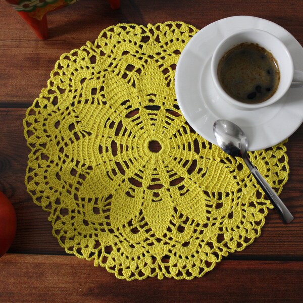 Yellow crochet doily, table decoration