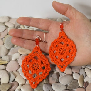 Orange cotton crochet flower earrings, Gift for her image 4