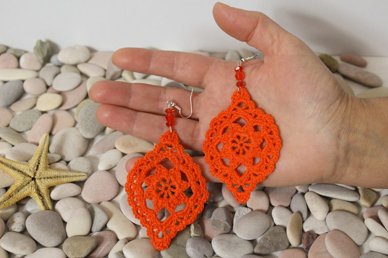 Orange cotton crochet flower earrings, Gift for her image 4