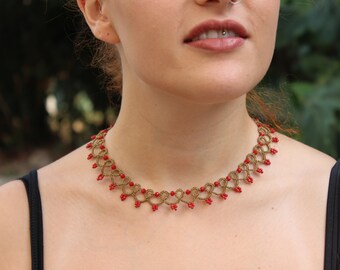 Gold Tatting Lace Choker Necklace with red Beads, Timeless Lace Jewelry,  Necklace for Women, Elegant Handmade Jewelry