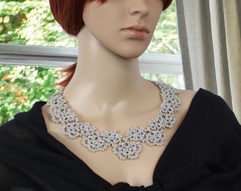 Tatted Lace Choker Necklace with beads, Wide Wedding silver Necklace /Women Tatting Jewelry Gifts for Her