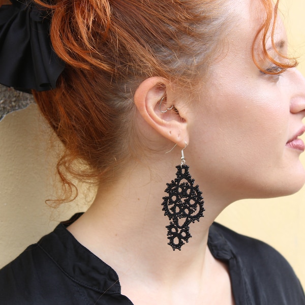 Black Lace Earrings with black Beads, Beaded Lace Earrings, Prom, Formal Earrings, Christmas Gifts