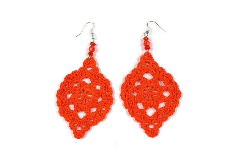 Orange cotton crochet flower earrings, Gift for her image 2