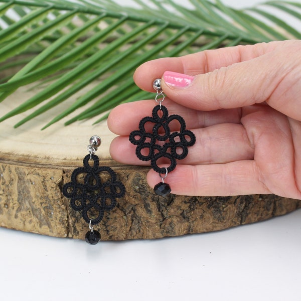 Boho chique stijl zwarte kanten oorbellen, cadeau voor vriend, getatoeëerde sieraden, handgemaakte oorbellen