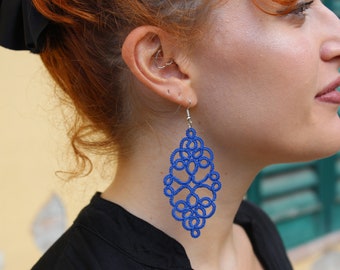 Handmade hand tatted teardrop earrings, earrings Royal blue,  filigree tatting jewelry