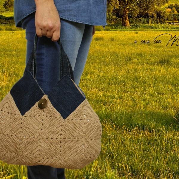 Shoulder bag crochet wool in beige color and jeans accessory woman casual Style