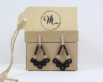 Black lace earrings  modern, tatted lace jewelry, gifts for women, anniversary gifts, mystical jewelry
