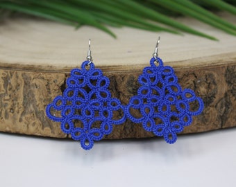 Royal Blue tatting lace earrings, lace jewelry, light earrings, women's earrings