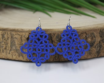 Royal Blue tatting lace earrings, lace jewelry, light earrings, women&#39;s earrings