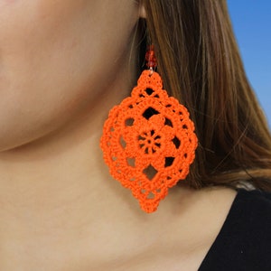 Orange cotton crochet flower earrings, Gift for her image 1