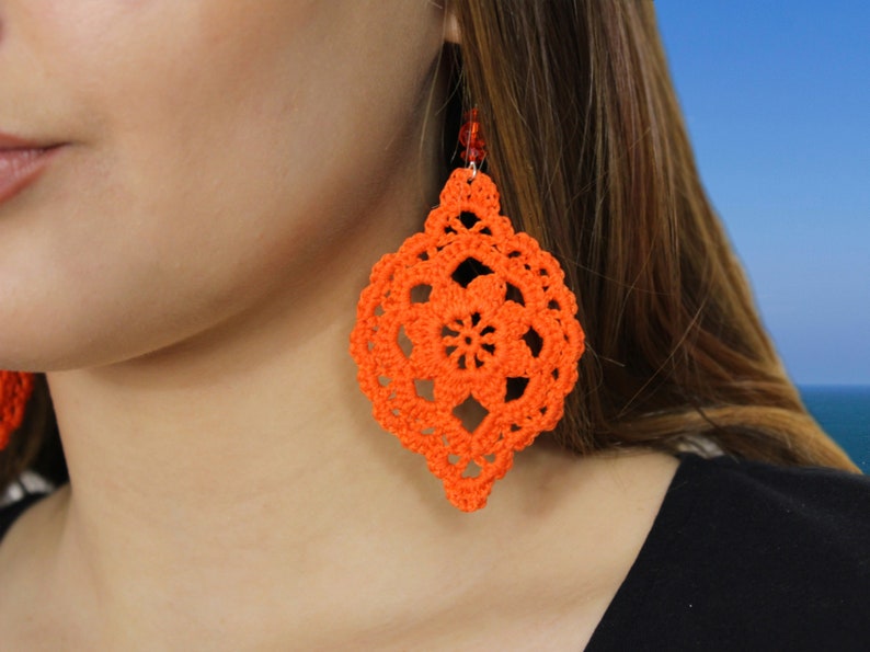 Orange cotton crochet flower earrings, Gift for her image 1