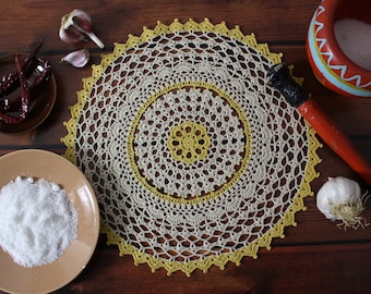 Round cotton doily, colored lace placemat, table decoration.