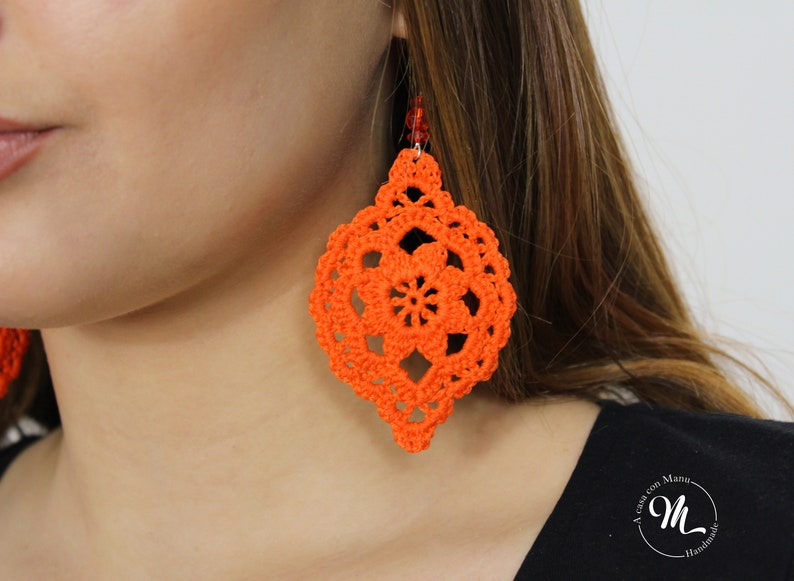 Orange cotton crochet flower earrings, Gift for her image 10
