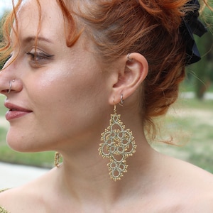 Tatting Earrings - Elegant Gold Lace Earrings with Beads,  Perfect Handmade Jewelry Gift for Woman, Bridesmaids Gift