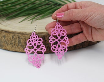 Long pink lace earrings, tattooed earrings, tatting lace, chandelier earrings, light earrings, gift for mother