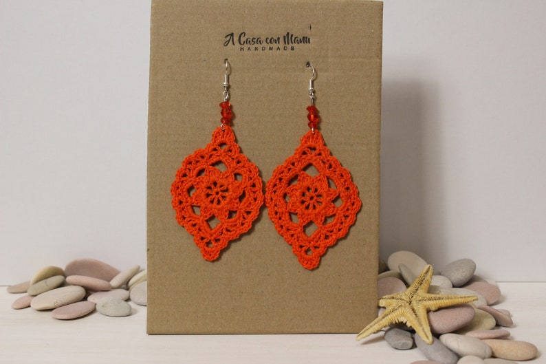 Orange cotton crochet flower earrings, Gift for her image 6