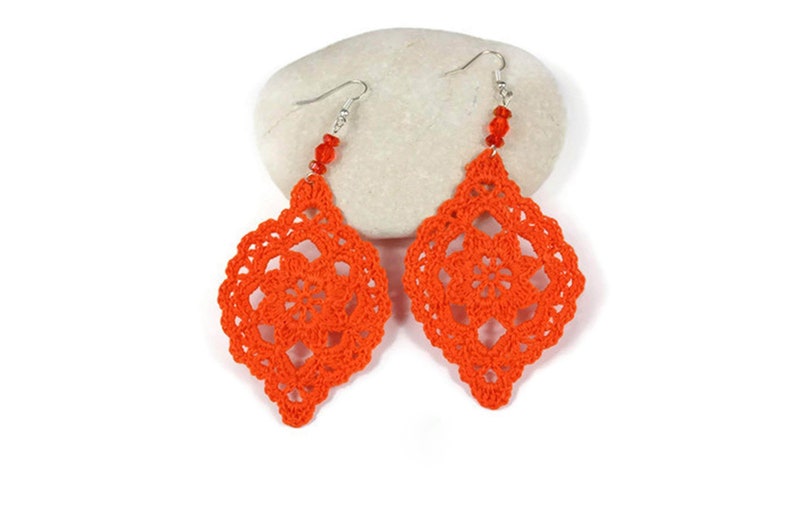 Orange cotton crochet flower earrings, Gift for her image 5