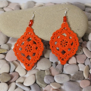 Orange cotton crochet flower earrings, Gift for her image 8